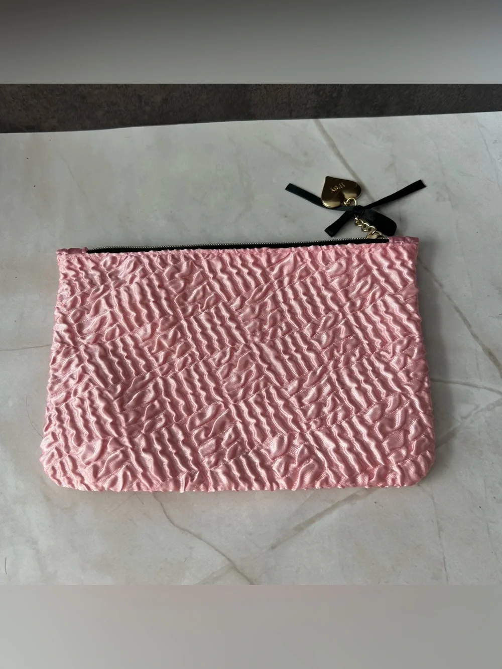 ipsy Pink Ruched Satin Zip Cosmetic Pouch with Gold Heart Charm